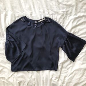 Zara navy jeweled blouse